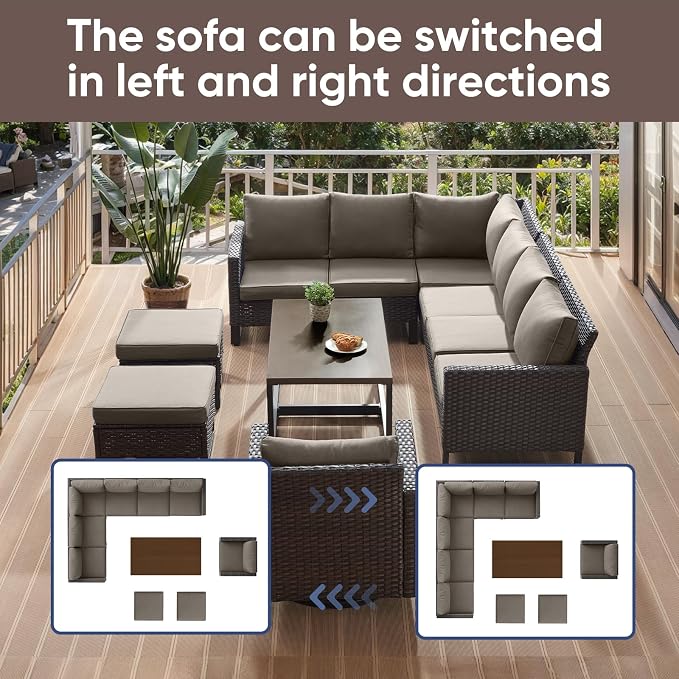 HUMMUH 10 Piece Patio Furniture Set PE Wicker 3 Outdoor Sectional Sofa Set with Patio Chairs Dinning Table Ottomans for Porch,Garden,Backyard,Deck(Brown/Grey)