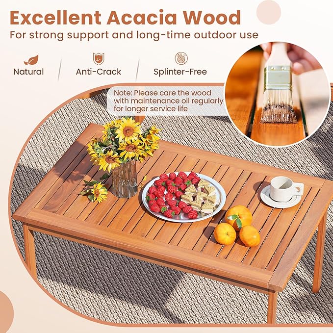COSTWAY 4 Pieces Acacia Wood Conversation Set, Acacia Wood Porch Chairs with Table, Loveseat and Cushions, Outdoor Conversation Sofa Set for Garden, Balcony and Backyard
