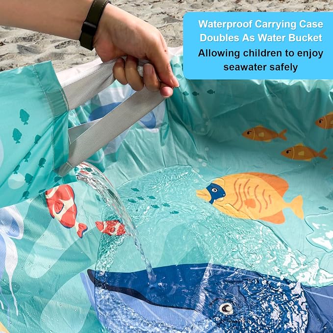 6.5 X 6.5Ft Baby Beach Pool, 2 in 1 Square Portable Cartoon Ocean Theme Toddler Beach Puddle, Waterproof Sandproof Cute Toddler Paddling Pool Beach Blanket with Carrying Bag for Boys Girls