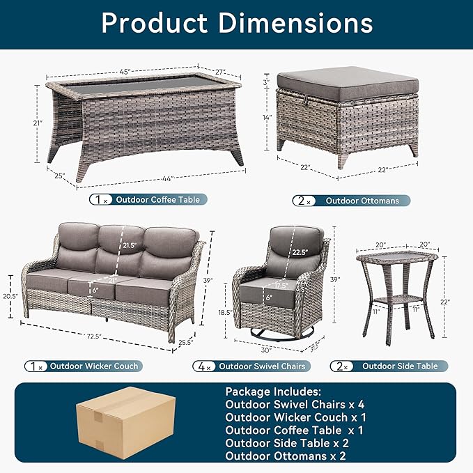 Luxury 10 Pieces Patio Furniture Set, Wicker Swivel Rocker Patio Chairs with 6" Thick Cushion, Outdoor Wicker Sofa with Coffee Table, All Weather Outdoor Conversation for Garden Porch(Grey/Grey)