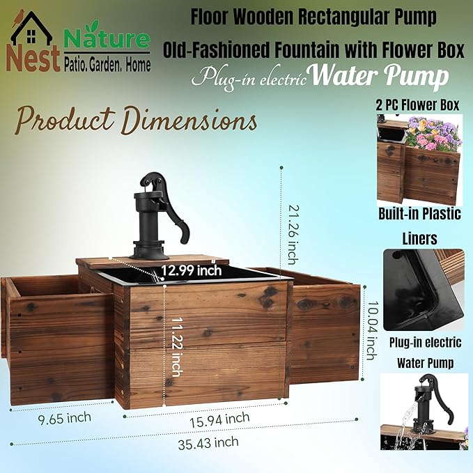 NestNature Outdoor Water Fountain,Floor Wooden Rectangular Pump Old-Fashioned Fountain with Flower Box,Electric Decorative Hand Pump, Outdoor Water Feature for Garden Patio Backyard