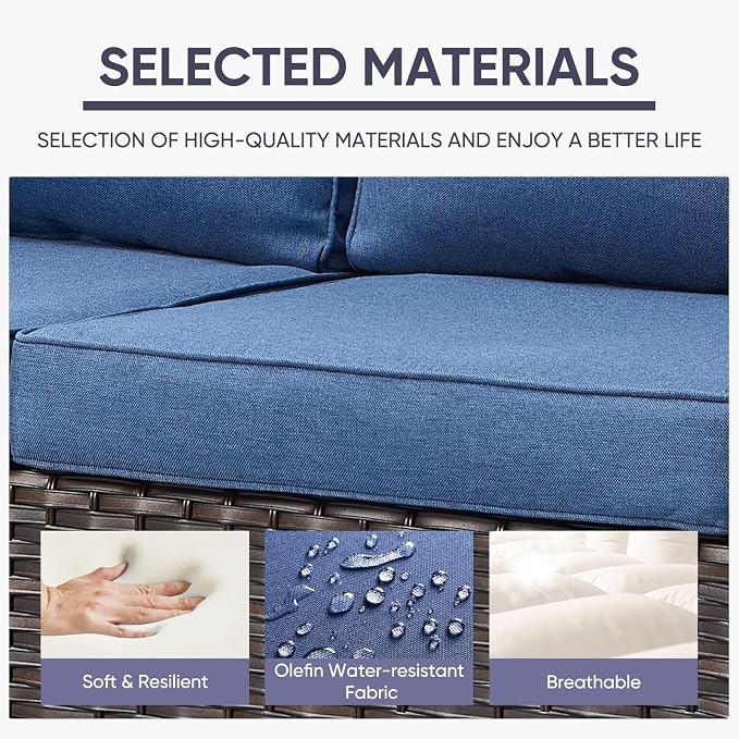 Belord 6 Piece Outdoor Furniture Patio Wicker Sofa Set, Oversize Outdoor Dining Chairs with Rattan Ottomans, Conversation Sets Patio Furniture Come with Removable Washable Cushion Blue, Brown