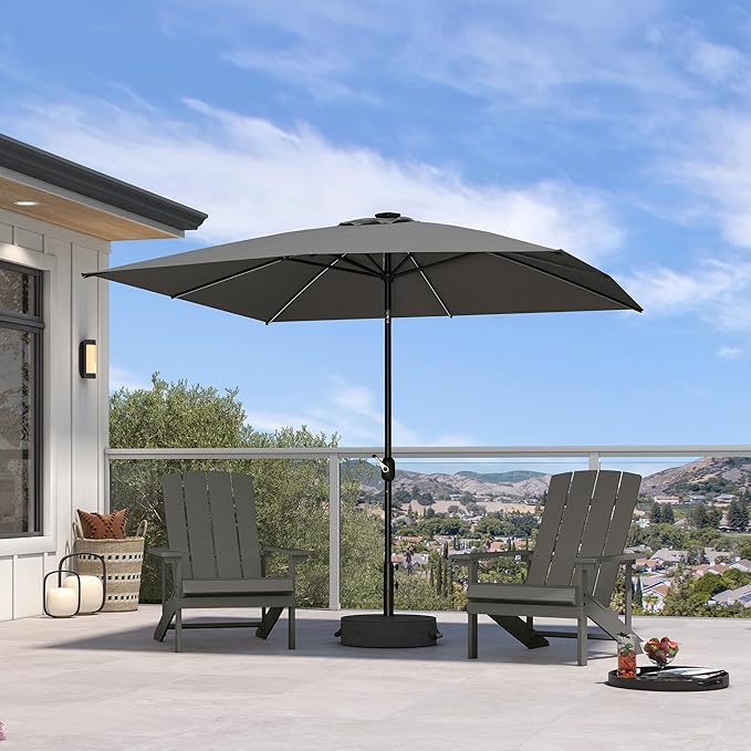 PURPLE LEAF 8' x 8' Square Patio Umbrella with Solar LED Outdoor Table Umbrella Aluminum Frame Market Umbrella with 8 Sturdy Ribs & Tilt for Garden Deck Lawn Pool Gray