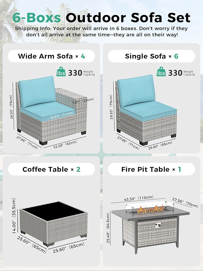 13 Piece Outdoor Wicker Rattan Sectional Sofa Set with 55,000 BTU Fire Pit Table, 10-Seats with 4" Thickened Cushions & Coffee Table, All-Weather PE Rattan for Garden, Backyard, Porch, Turquoise
