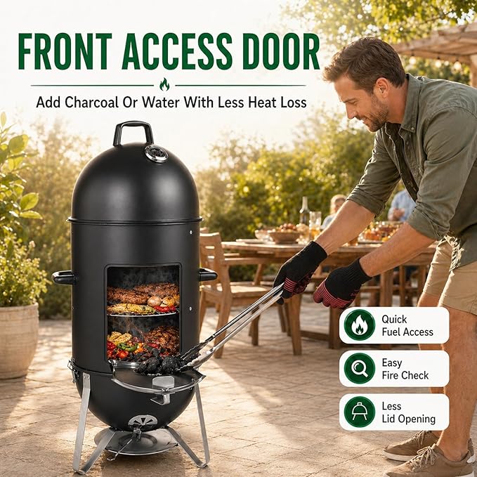 19 Inch Charcoal Smoker for Meat, Bullet Smoker, Vertical Smoker Grill for Backyard and Patio BBQ | 3-Layer Cooking Space with Built-In Thermometer and Dual Air Vents | Front Access Door and Ash Tray