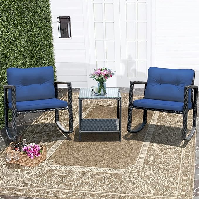 Tangkula 3 Pieces Patio Wicker Rocking Bistro Set, Outdoor Rocking Chair Furniture with Cushioned Seat, Conversation Set with Glass Coffee Table and Storage Shelf (Navy Blue)