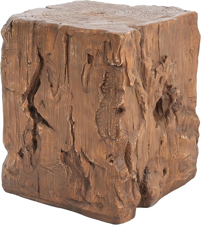 Christopher Knight Home Nataly 18.25" H Small Outdoor Side Table, Stump Shape Carved Garden Stool, Lightweight Concrete End Table, Patio Decorative Home Stool for Balcony Poolside Backyard, Brown