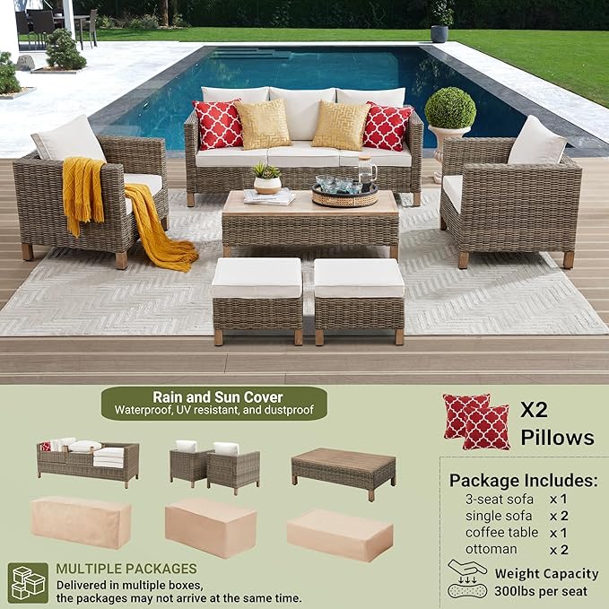 Patio Furniture Set Sectional Sofa with Metal Top Coffee Table, 6 Pieces Conversation Set Hand Woven Wicker Outdoor Furniture for Garden, Patio, Poolside, Porch Reinforced Rattan Sofa (Beige)
