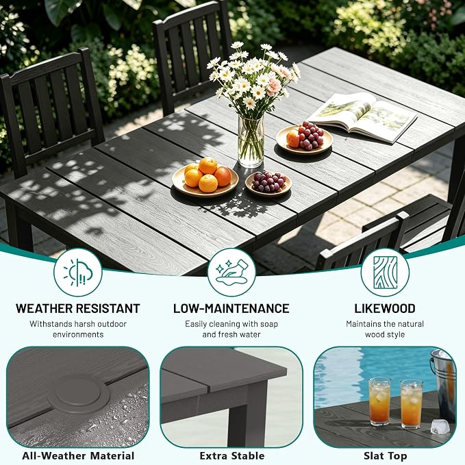 PLUUV 5-Piece Outdoor Dining Set – HDPE Patio Furniture with Aluminum Table, Umbrella Hole, and 4 Armless Chairs, All-Weather Resistant for Garden & Backyard, Grey