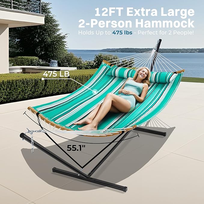 SUPERJARE Hammock with Stand, 2 Person Heavy Duty Hammock with Padded Cotton, Detachable Pillow & Strong Curved-Bar & Portable Carrying Bag, Perfect for Outdoor & Indoor, Mint Green with Stripes