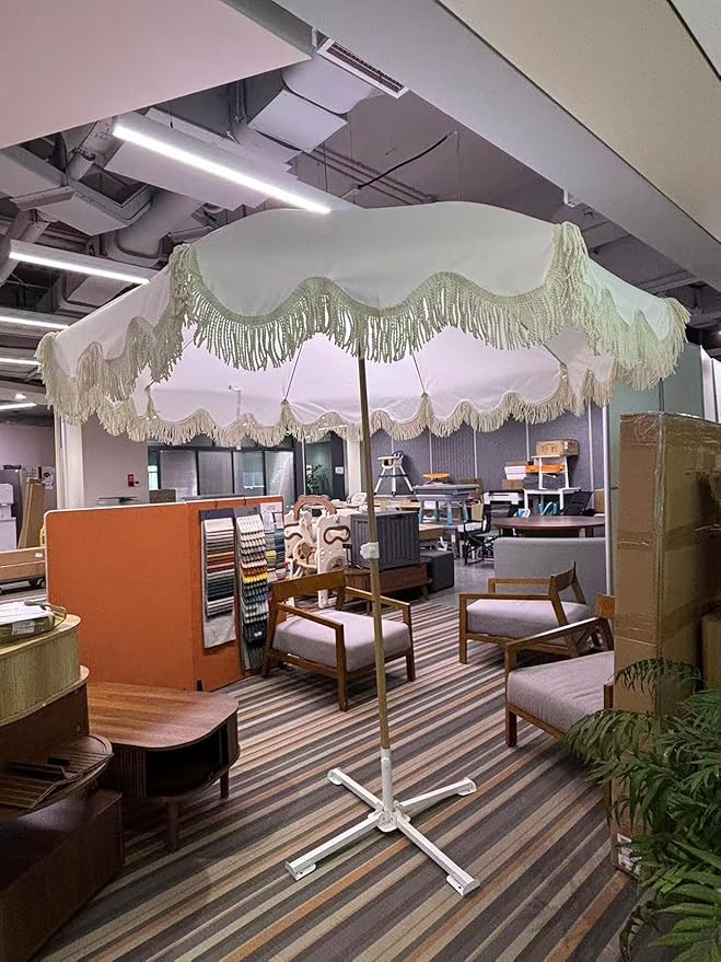 7.5FT Boho Patio Umberlla with Fringe,UPF50+ Outdoor Umbrella with Fiberglass Ribs and Push Button Tilt,Tassels Umbrella for Beach,Terrace,Picnic