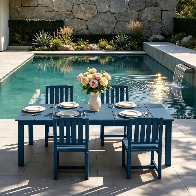 PLUUV 5-Piece Outdoor Dining Set – HDPE Patio Furniture with Aluminum Table, Umbrella Hole, and 4 Armless Chairs, All-Weather Resistant for Garden & Backyard, Navy Blue