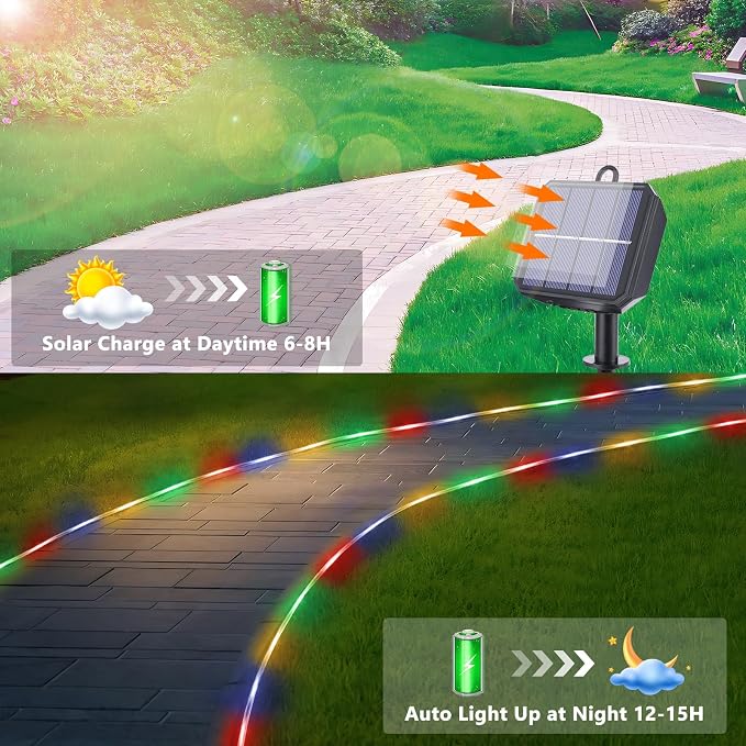 Solar Rope Lights, 2 Packs Total 132ft 400LED Solar String Lights, 8 Modes Waterproof Solar Outdoor Light, Flexible Clear Trampoline Light for Garden Backyard Patio Deck Pool Tree Decor - Multicolor