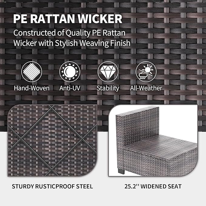 7 Piece Outdoor Patio Furniture Set, PE Rattan Conversation Sofa Set, Wicker Patio Set w/Thick Cushions & Glass Top Coffee Table, All-Weather Outside Furniture for Garden, Balcony,Porch(Brown+Beige)
