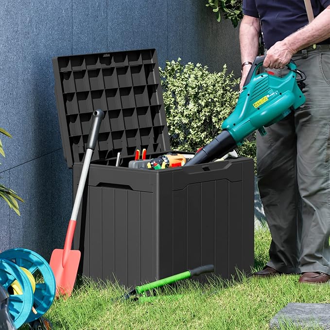 Greesum 82 Gallon and 31 Gallon Resin Deck Boxes Large Outdoor Storage Bundle for Patio Furniture, Garden Tools, and Pool Supplies