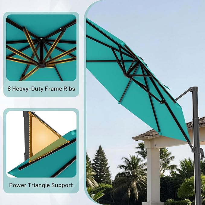 AreShark 11FT Round Cantilever Patio Umbrella with Base Included, 360° Rotation Offset Outdoor Umbrella, 5 Tilt Settings Heavy Duty Hanging Parasol for Deck Garden Pool, Peacock Blue