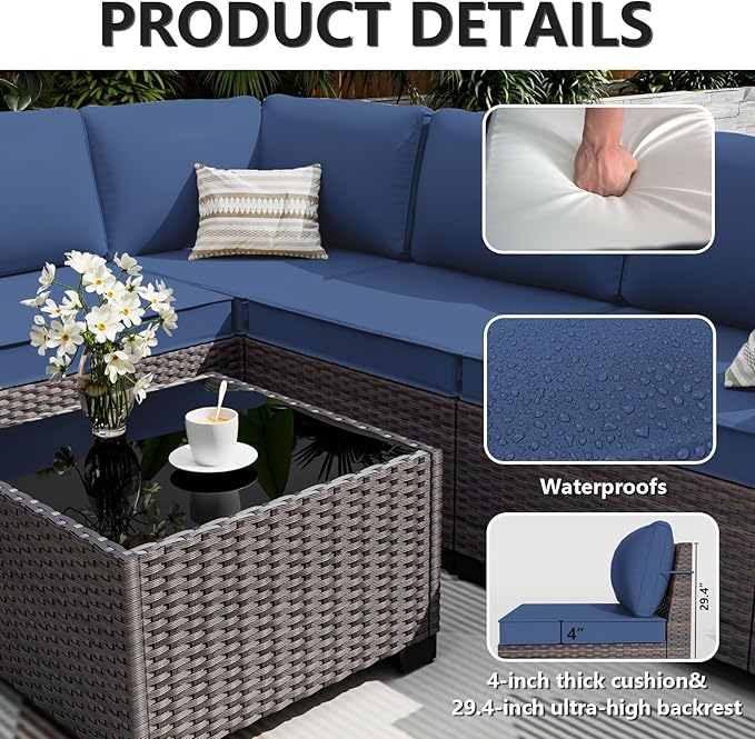ALAULM 7 Pieces Patio Furniture Set with Fire Pit Table 55000BTU, Oversized Seat/Armrest and High Back Wicker Conversation Set with Thick Cushion for Backyard, Garden, Navy Blue