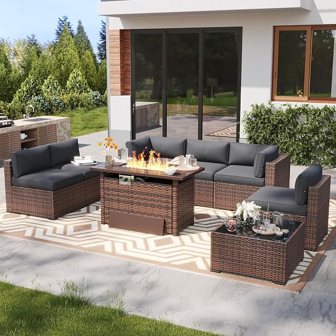 LazySunsets 8 Piece Outdoor Patio Furniture Set with 44'' Fire Pit Table, Outdoor Patio Furniture Set with 4'' Thicken Cushion, Wicker Rattan Outdoor Conversation Set for Backyard & Garden, Grey