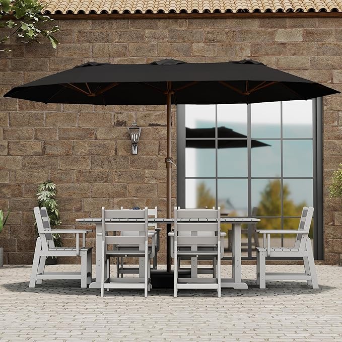 BRIOPAWS 15-FT-Large-Patio-Umbrella-with-Base | Double-Sided | Outdoor Table Umbrellas | w/Crank Handle | 12 Sturdy Fiberglass Rib | UV-Protection | for Garden Deck Backyard Pool | Black