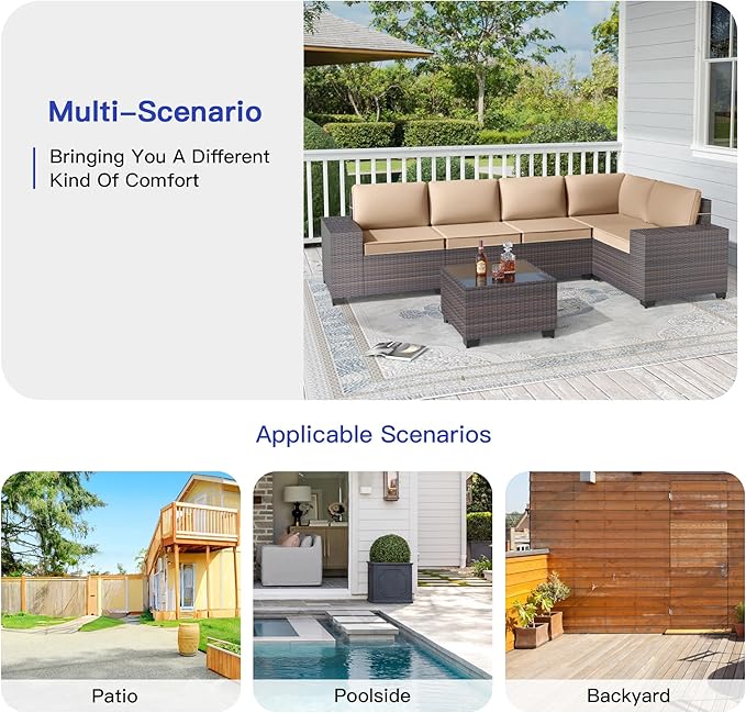 Patio Furniture Set 6 Pieces Outdoor Sectional Sofa Set,PE Rattan Wicker Patio Conversation Set with Thickened Cushions and Glass Coffee Table,Sand