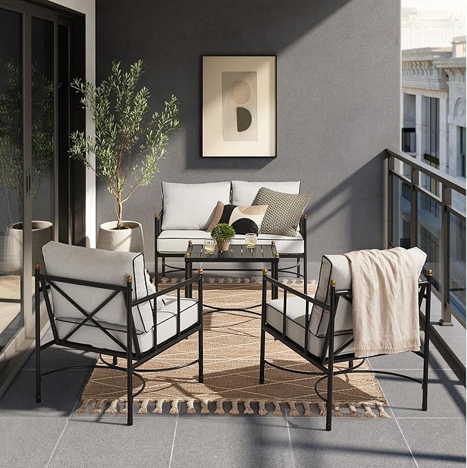 mopio Odelia Patio Furniture Set of 4, Outdoor Sectional Conversation Set, Small Metal Backyard, Front Porch, Balcony Furniture for Apartments, with 2 Patio Chairs, Loveseat, Coffee Table