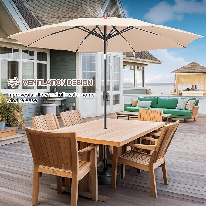FLAME&SHADE 11 ft Patio Umbrella - Table Umbrella Outdoor with Push Button Tilt and Crank, UV Protection, 8 Sturdy Ribs, Market Umbrella for Garden, Deck, Backyard, Lawn, Pool and Beach(Beige)