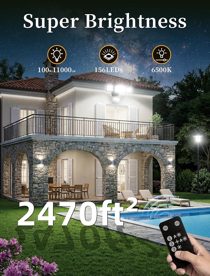 100W 11000LM Security Lights Outdoor with Remote Control, 6500K Daylight LED Flood Light, IP66 Waterproof, Dusk to Dawn Outdoor Lighting, 3 Head Motion Detected Outdoor Lights for Garage, Yard