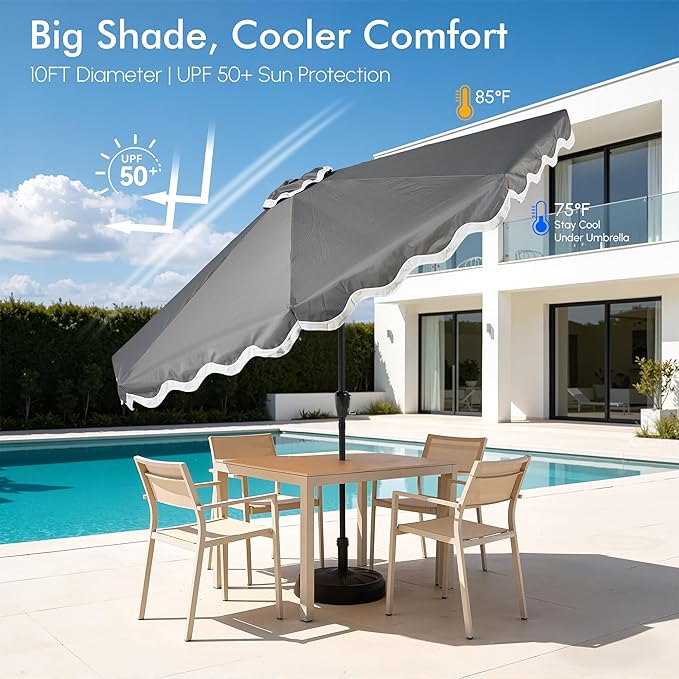 Weaxty 10FT Patio Umbrella, Trendy Color Scalloped Edge, UV-Resistant Canopy Outdoor Table Market Umbrella, Tilt Adjustment, Crank, Heavy-duty 8 Ribs for Backyard Poolside Deck Beach Lawn Backyard