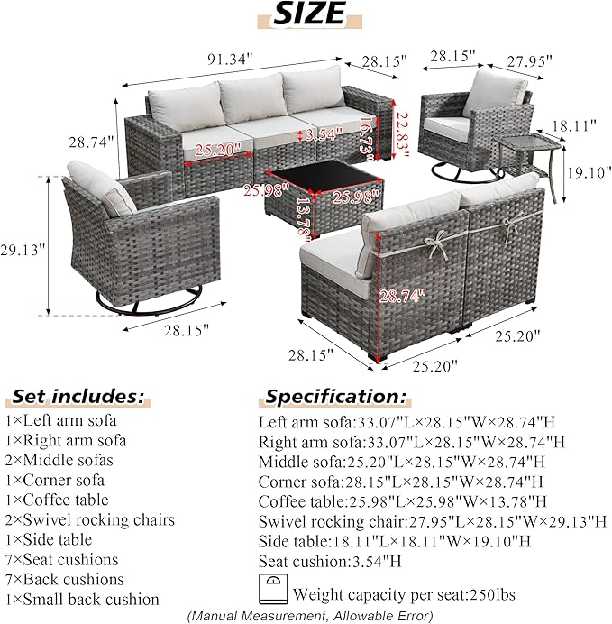 HOOOWOOO Outdoor Patio Sectional Furniture Sofa Set with Swivel Rocking Chairs,9 Piece Modern Wicker Couch with Wide Armrest,Modular Conversation Seating Set for Garden(Beige Tan)