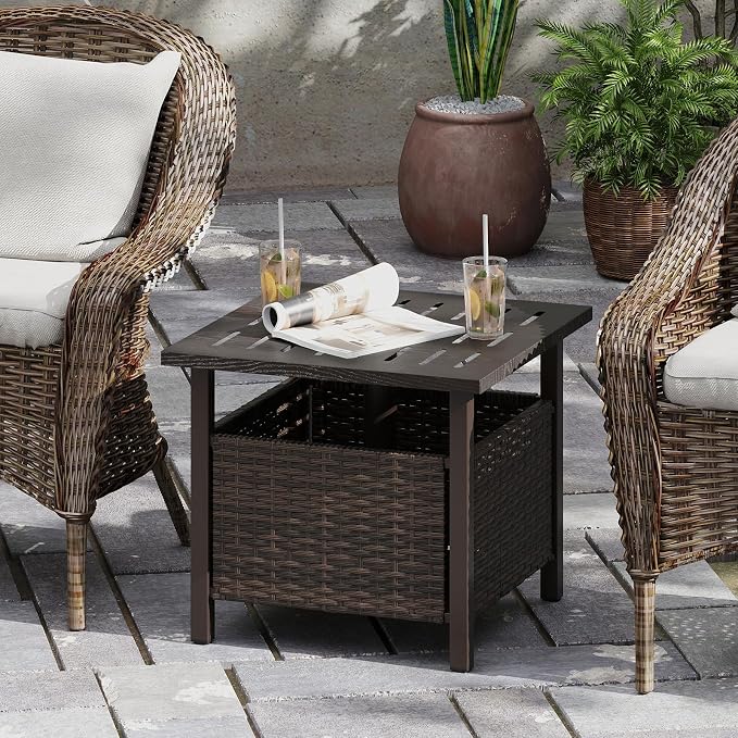 Tangkula Outdoor Side Table with 1.93" Umbrella Hole, All-Weather PE Wicker Patio Umbrella Table with Rustproof Frame for Garden, Deck and Poolside