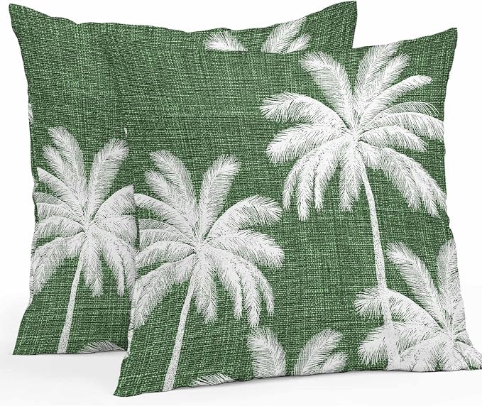 Outdoor Pillow Covers 24x24 Inch Set of 2, Dark Green Palm Trees Waterproof Throw Pillow Covers, Farmhouse Tropical Summer Beach Decorative Cushion Pillowcases for Couch, Sofa, Bed, Garden, Patio