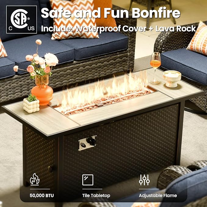 ovios 10 Pieces Patio Furniture Set, Outdoor Wicker Sofa Couch with Rocking Swivel Chairs Solar Light Table Fire Pit, Modern Deep Seat Rattan Conversation Sets, Denim Blue