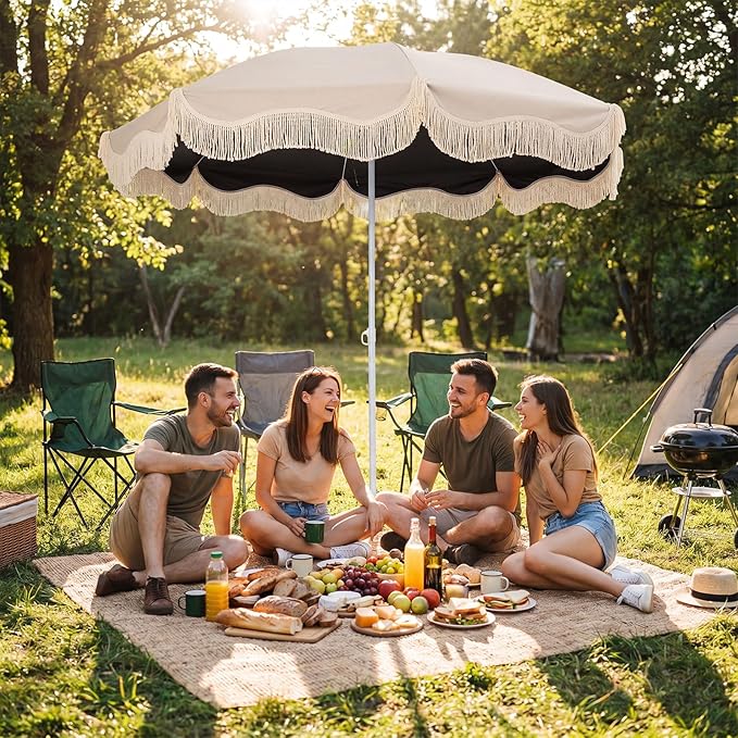 6.5ft Patio Umbrella with Fringe, UPF 50+ UV Boho Outdoor Beach Umbrella with Carry Bag, UV Protection Sun Shade with Tassels for Garden, Deck, Backyard, Poolside Decor