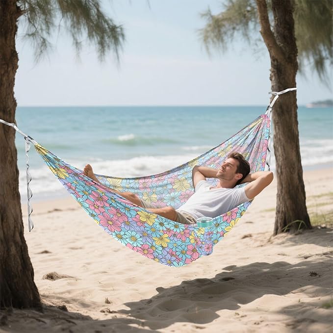 Camping Hammock Outdoor Hammocks for Outside Spring Flowers Beach Trees Portable Lightweight with Pockets Tree Straps Indoor