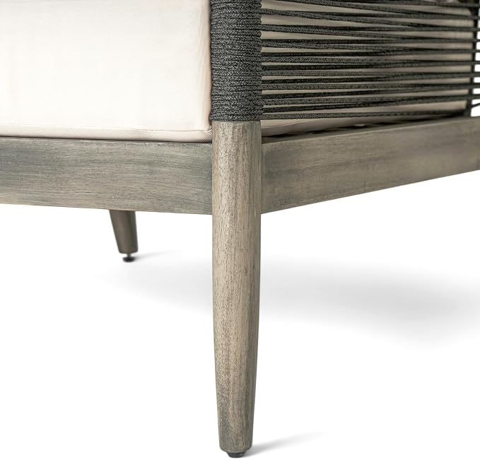 Merax 2-Piece Acacia Wood Patio Loveseat Set with Coffee Table | Grey Acacia Frame, Woven Rope Loveseat, Thick Beige Cushions, Arc Coffee Table For Porch, Garden, Backyard Or Balcony