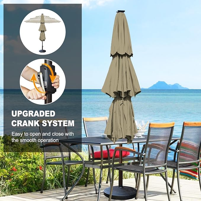Eurmax USA 10-Year-Non-Fading 10FT 3-Tier Outdoor Patio Market Umbrella with LED Lights,UPF50+ UV Resistant,Commercial Grade,Crank Lift Design,Windproof Vented Top for Garden,Pool,Deck,Mushroom