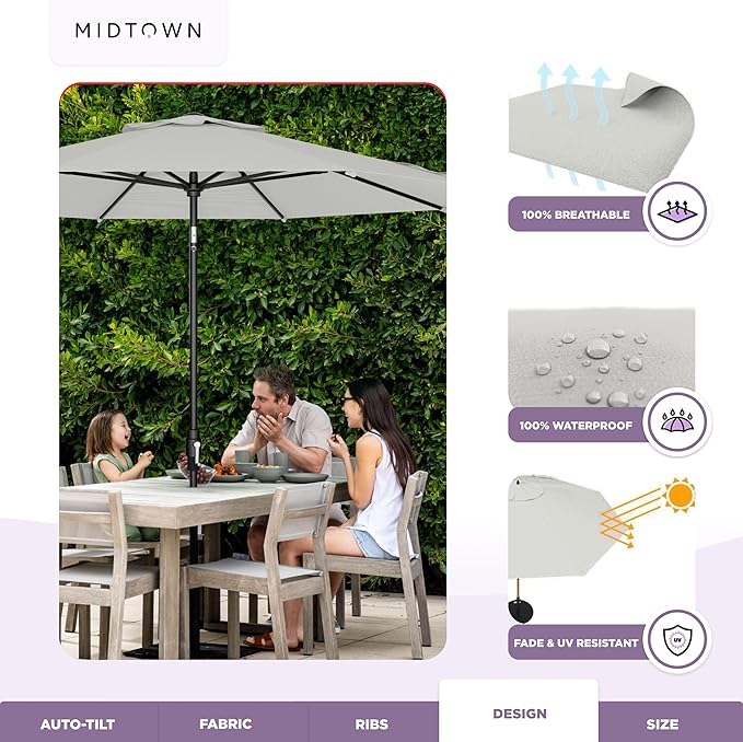 The Swilt 9 Feet Outdoor Umbrella With Terylast Off Cream (Off White) Polyester Fabric - Fiberglass Ribs, Auto-Tilt And Swivel Aluminum Frame Patio Umbrella For Deck, Garden, Pool - Black Pole