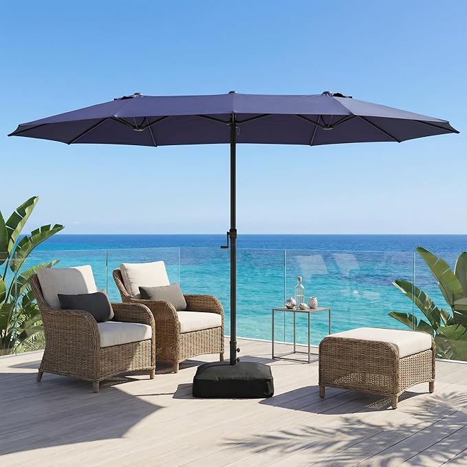 15FT Large Double Sided Patio Umbrella with Base, Aluminum Crank and Heavy Duty Carbon Steel Ribs Outdoor Umbrellas, Fade Resistant Rectangular Market Umbrella for Garden, Patio, Restaurant, Business, Deck, Backyard, Navy Blue