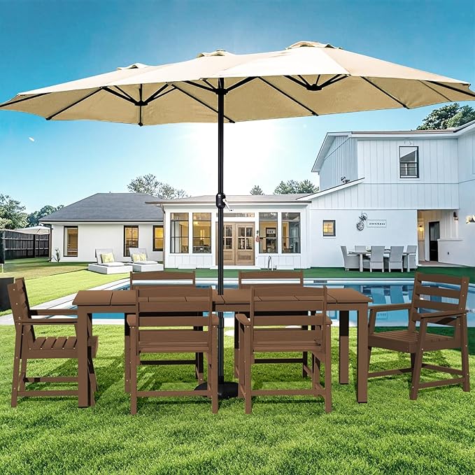LOUNZY 7 Pieces Patio Dining Sets, 75.2'' Table Outdoor HDPE Furniture Set for 6 w/ 2" Hole Cut-Out Dining Table with 6 Patio Chairs for Pool, Lawn and Garden,Brown