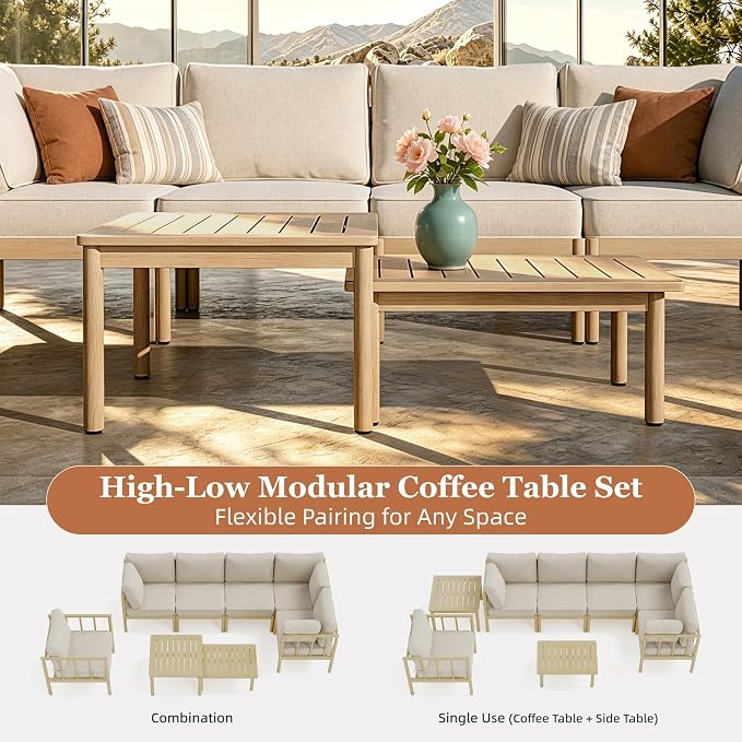 HERA'S HOUSE Patio Furniture,Acacia Wood Outdoor Sectional Sofa with 5.5" Ultra-Thick Cushions,L/U Shaped Modular Patio Conversation Set,Lawn Garden Backyard Couch Set with Nesting Tables,Beige