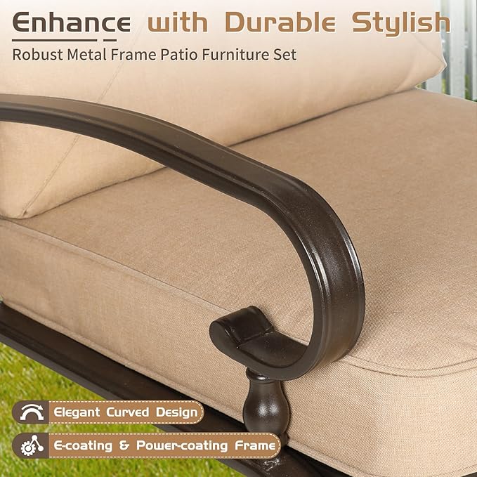 Oakcloud 7Pcs Metal Outdoor Furniture Patio Conversation Set (Loveseat, Coffee Table and Bistro Table, 2 Spring Chair, 2 Dining Chair) -Wrought Iron Patio Chair Set with Cushions (Brown)