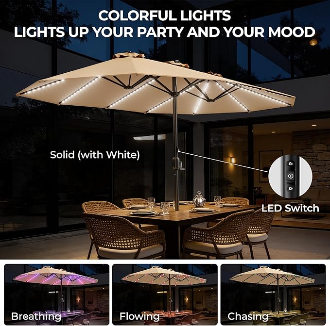 HOMSHADE Double Sided Patio Umbrellas with Base - 15ft RGB Multi-Color Flowing LED Lights Outdoor Extra Large Market Table Umbrella w/Stand, Oversized Umbrella for Deck, Pool, Backyard,Beige