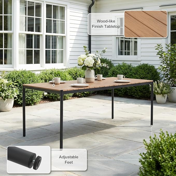 SUNSITT 82.6’’ Metal Outdoor Patio Dining Table, Weather-Resistant Large Outdoor Rectangle Table/WPC Tabletop & Adjustable Feet for 6-8 Person Porch Deck Garden, Black