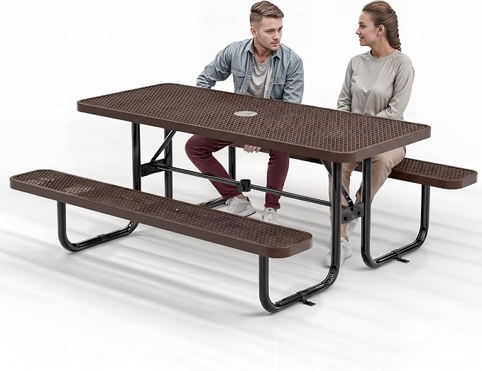 Commercial Heavy-Duty Metal Picnic Table - ADA Compliant, Adjustable Seats, Umbrella Hole, Expanded Metal (Brown, 6' Rectangular)