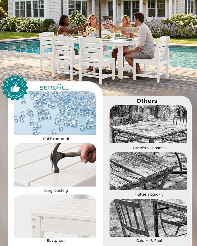 SERWALL HDPE Outdoor Dining Set for 10 with 2 Tables & 10 Chairs, White | 12-Piece HDPE Outdoor Dining Set for 10, All-Weather Resistant Dining Furniture