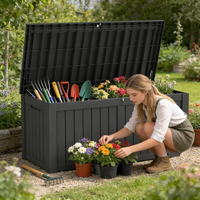 FEFLO 120 Gallon Waterproof Resin Deck Box, Heavy-Duty Outdoor Storage Box | Lockable Lid & UV-Resistant Patio Storage Chest for Garden Tools, Pool Accessories, Package Delivery, Toys, Furniture