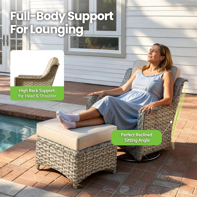 3 Piece Patio Furniture Set, Outdoor High Back Swivel Rocker Chairs Set of 2 with Side Table, All Weather Wicker Glider Chair with Thick Cushions for Backyard Balcony Porch, Beige