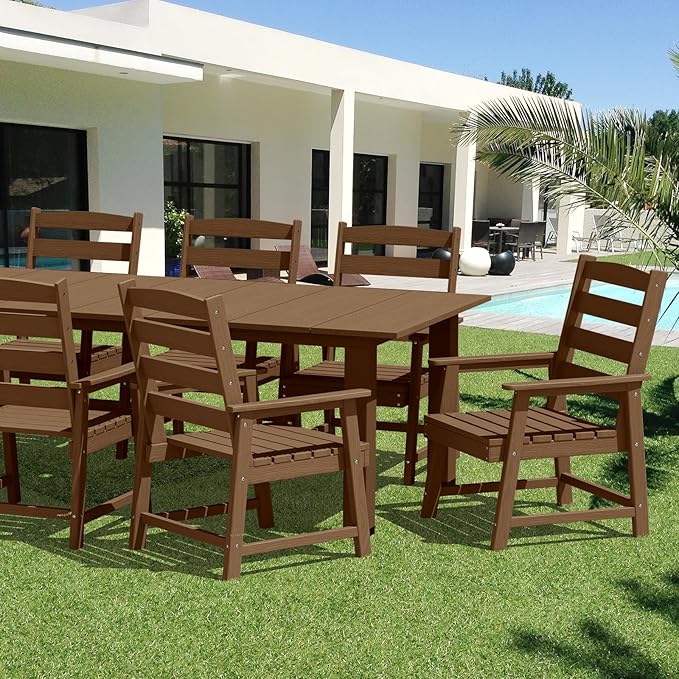 LOUNZY 7 Pieces Patio Dining Sets, 75.2'' Table Outdoor HDPE Furniture Set for 6 w/ 2" Hole Cut-Out Dining Table with 6 Patio Chairs for Pool, Lawn and Garden,Brown