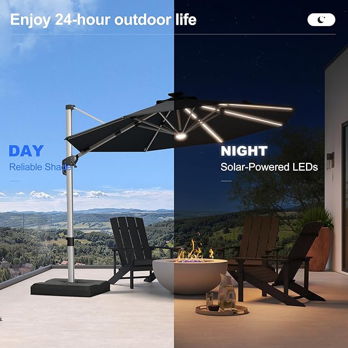 PURPLE LEAF Cantilever Umbrella with base 10ft Outdoor Round Patio Solar Powered LED Umbrella with 360-degree Rotation for Garden Deck Pool Patio, Black