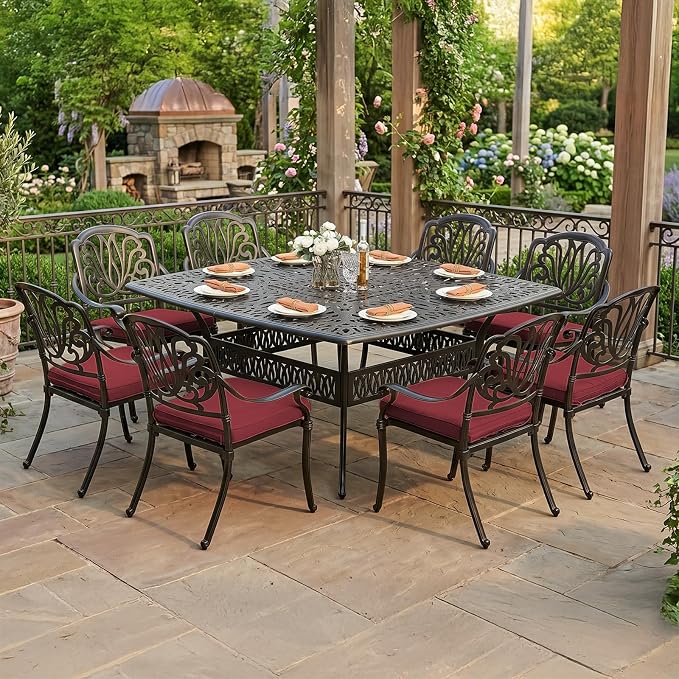 VIVIJASON 9-Piece Outdoor Furniture Dining Set for 8, All-Weather Cast Aluminum Patio Table and Chairs Set with 8 Cushioned Chairs, 64" Large Square Dining Table and Umbrella Hole for Deck Lawn, Red